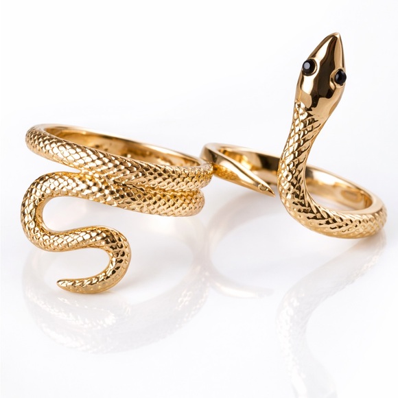 Jewelry - Unique Gold Tone Double Finger Snake Ring Size 7.75 Serpent Wrap Statement Ring
